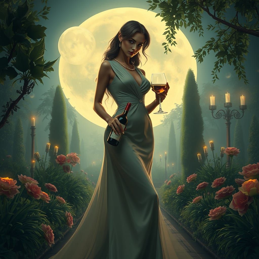 Elegant Woman with Wine in Moonlit Garden