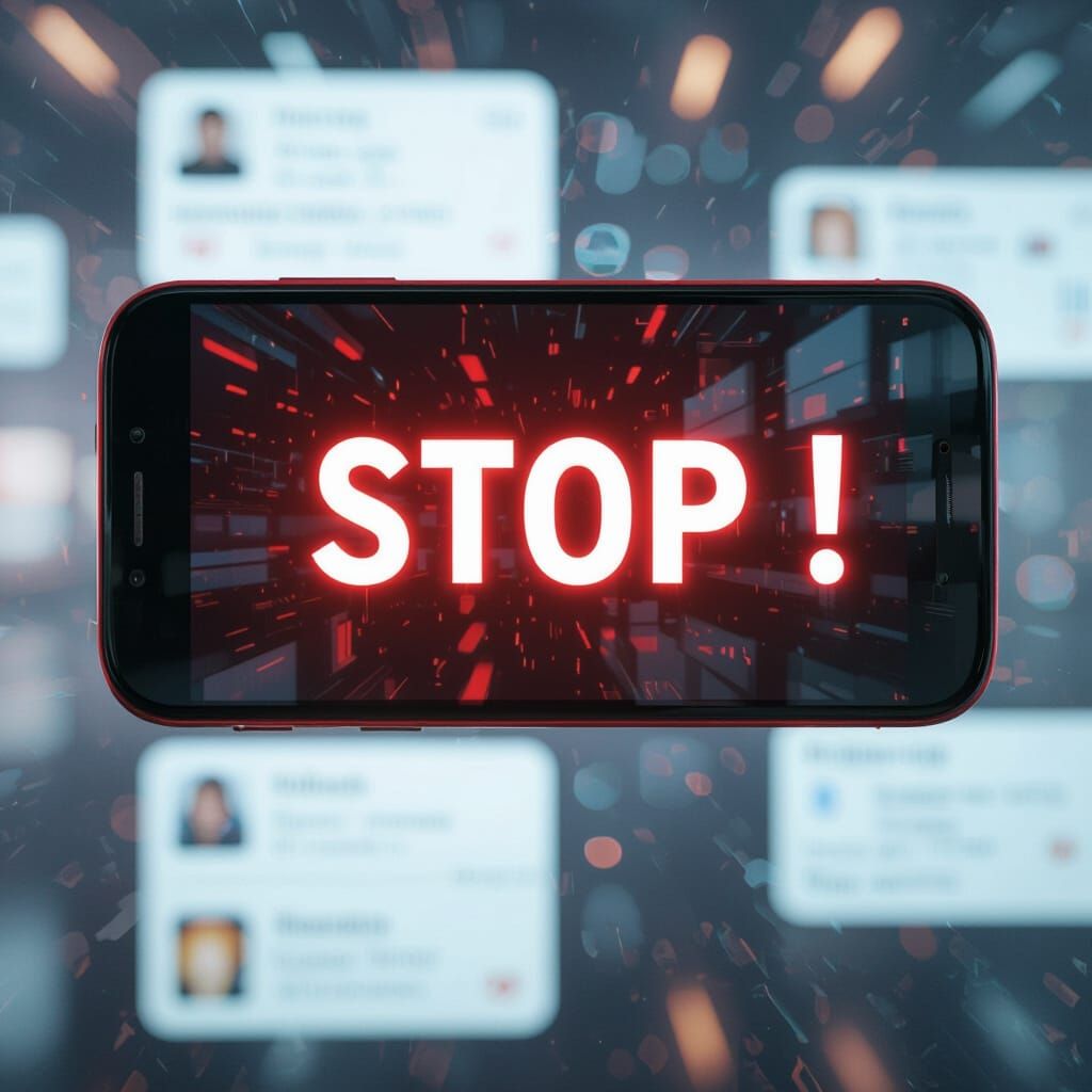 Urgent Stop Message on Phone Screen in Digital Art Style