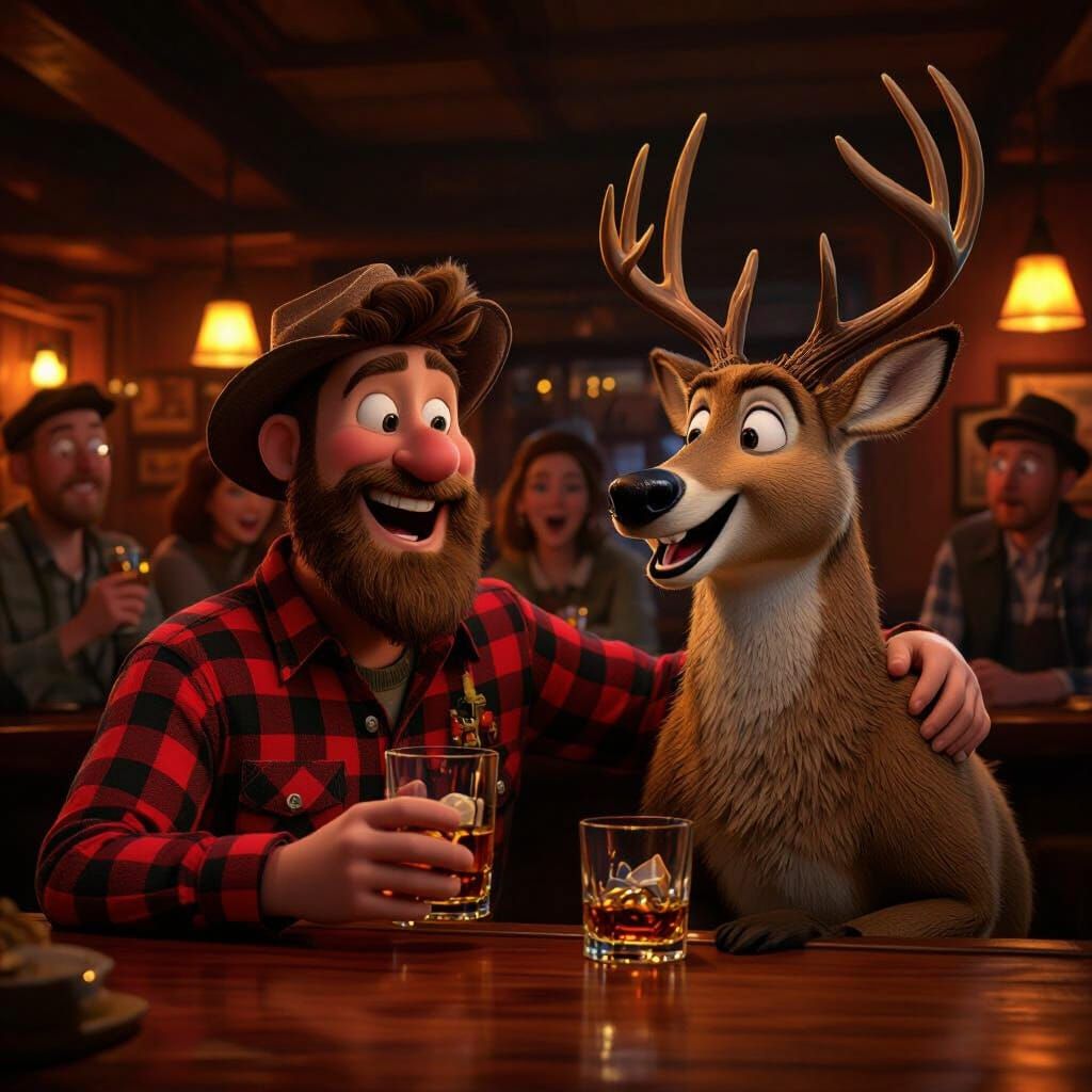 Deer Hunter and Deer Share Whiskey in Pixar Style