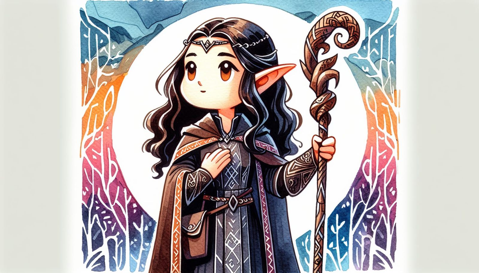 Elven Wizard in Forest: Watercolor Cartoon Illustration