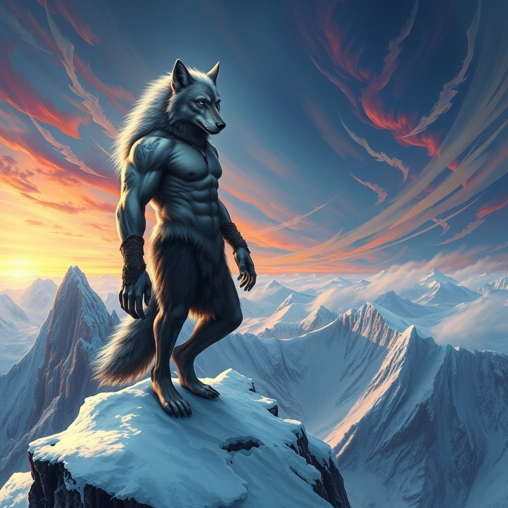 Hyperrealistic Wolf-Man Stands atop Snowy Mountain Peak