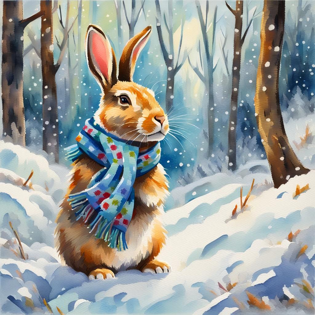 Bunny in Winter Woods: Gouache Watercolor Painting