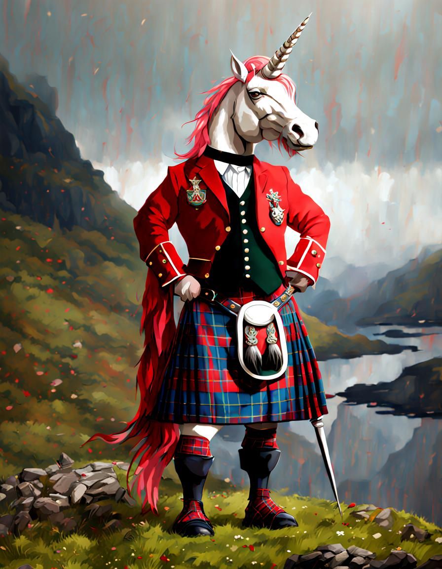 Anthropomorphic Scottish Unicorn in Royal Stewart Kilt