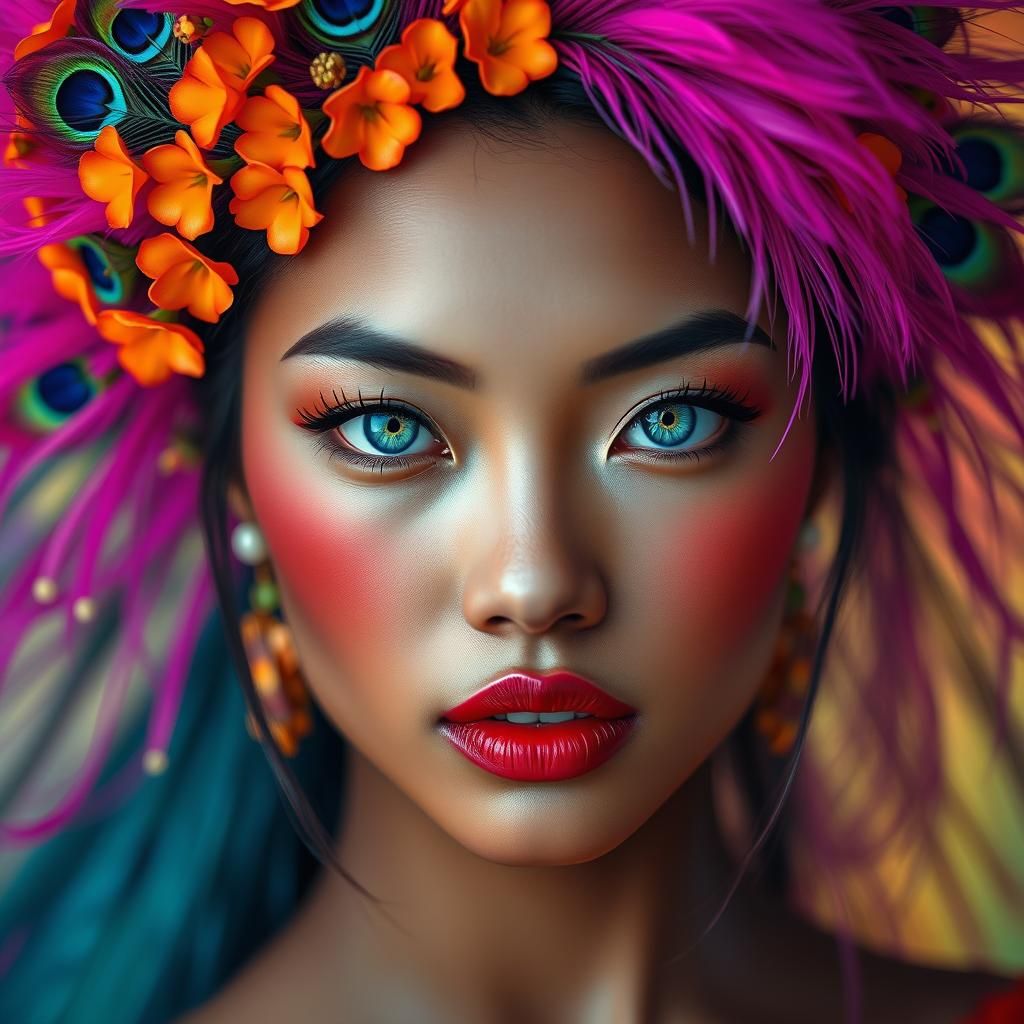 Stunning Asian Woman Portrait with Peacock Feathers