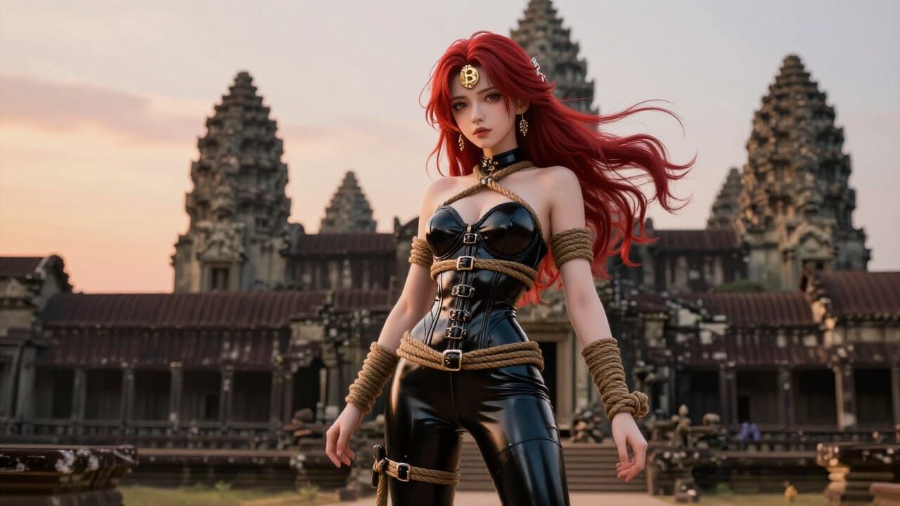 Shibari Woman at Angkor Wat in 3D Anime Style