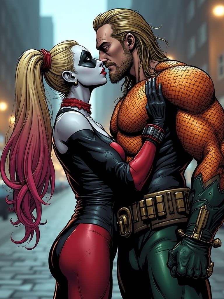 Harley Quinn Kissing Aquaman in Gotham City Comic Book Art