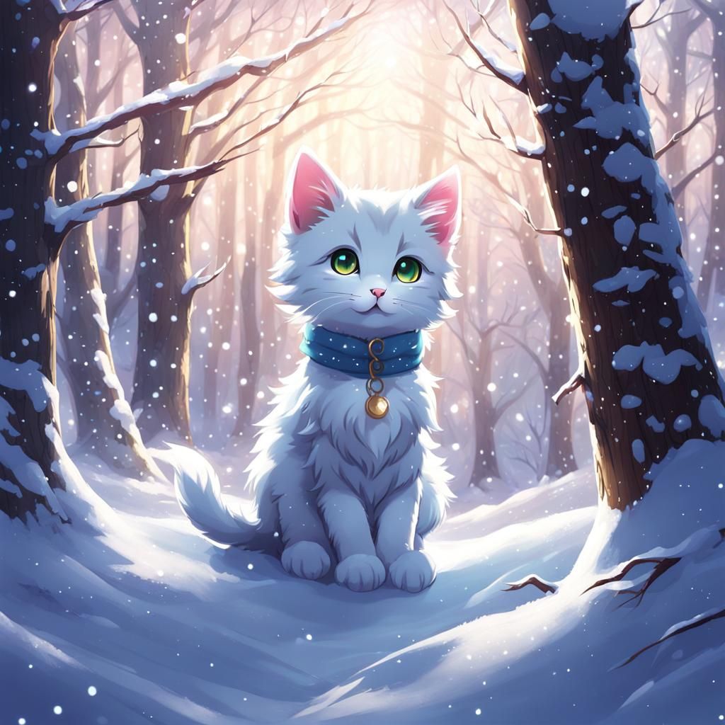 Kitten's Snowy Forest Adventure: An Anime-Style Scene