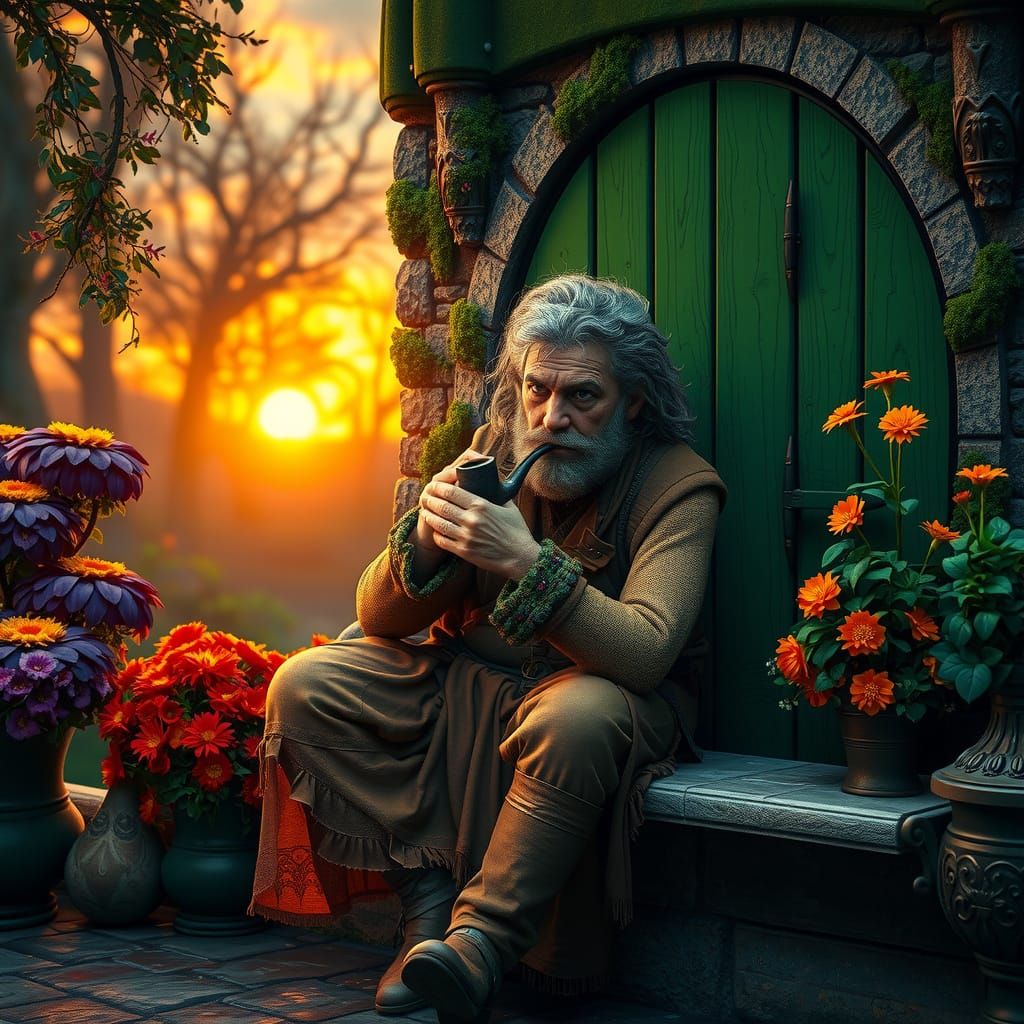 Hobbit Smoking Pipe at Sunset in Dark Fantasy Scene