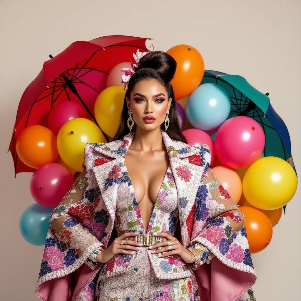 Elegant Woman in Couture Surrounded by Umbrellas