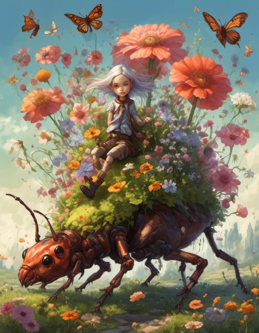 Elf Girl Rides Giant Ant in Flower Meadow