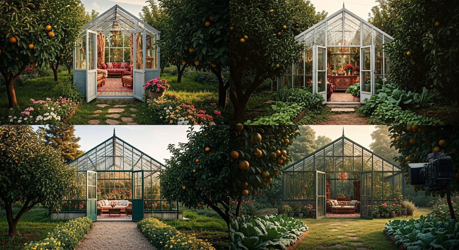 Cozy Greenhouse Living Room with Fruit Trees