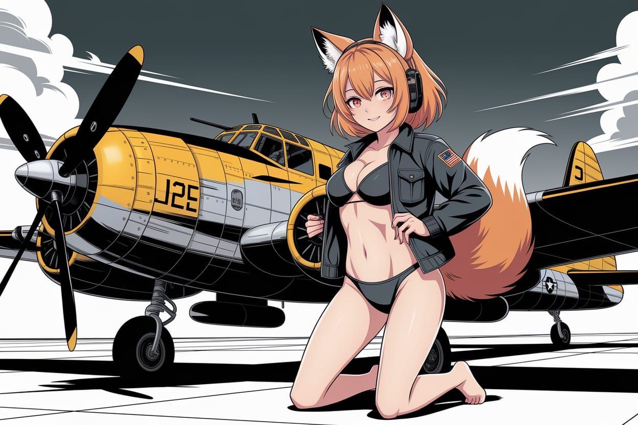 Anime Fox Girl Pinup on WW2 Bomber