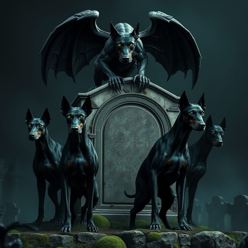 Eerie Graveyard Guardians: Possessed Dobermans and Gargoyle