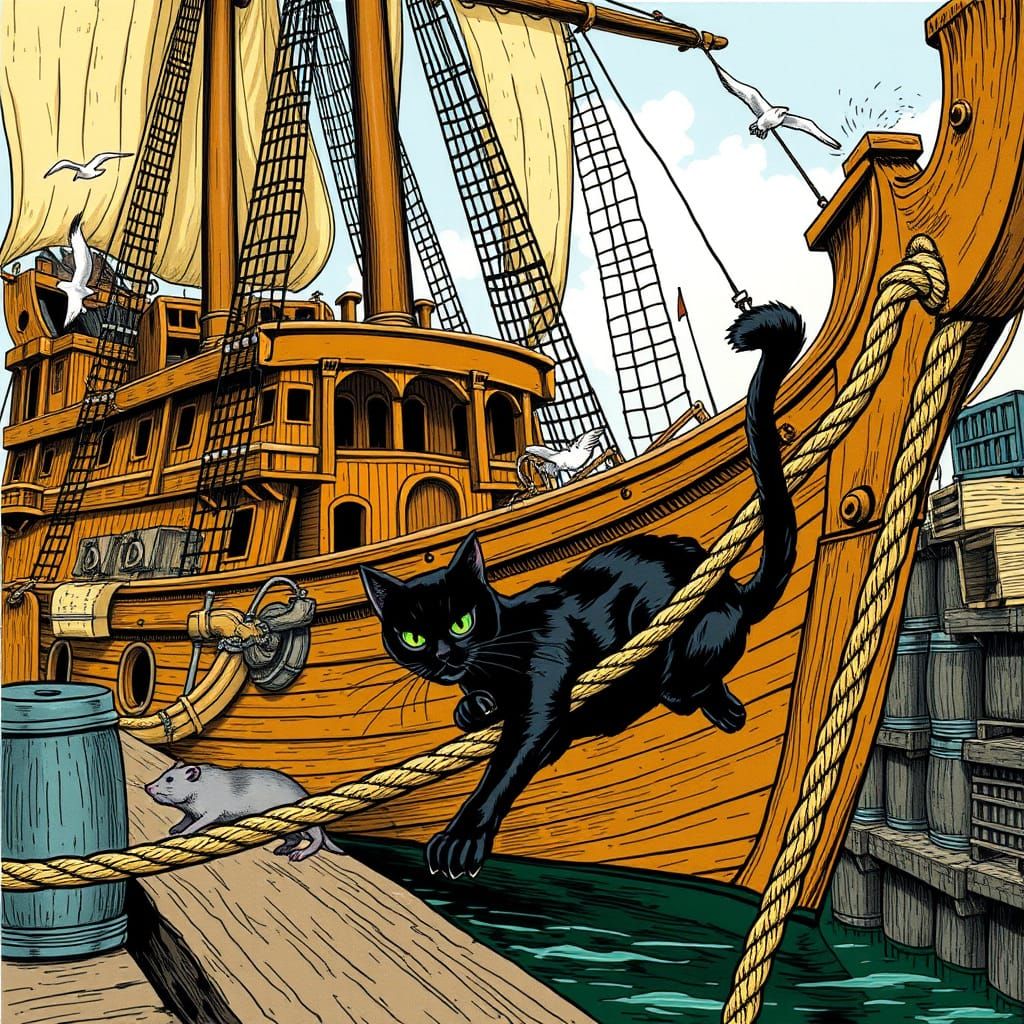 Medieval Wharf Scene with Ship and Feline Chase