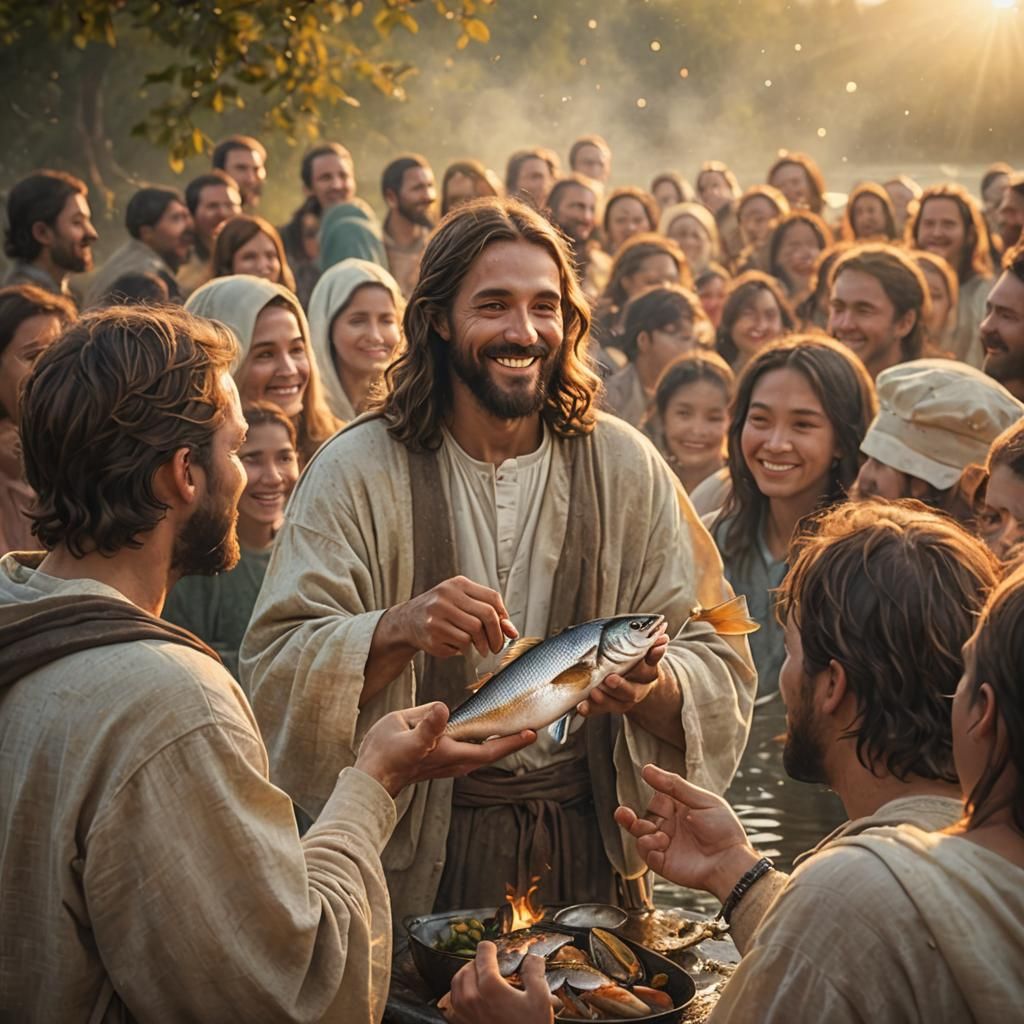 Jesus Holding Fish in Serene Lakeside Digital Art