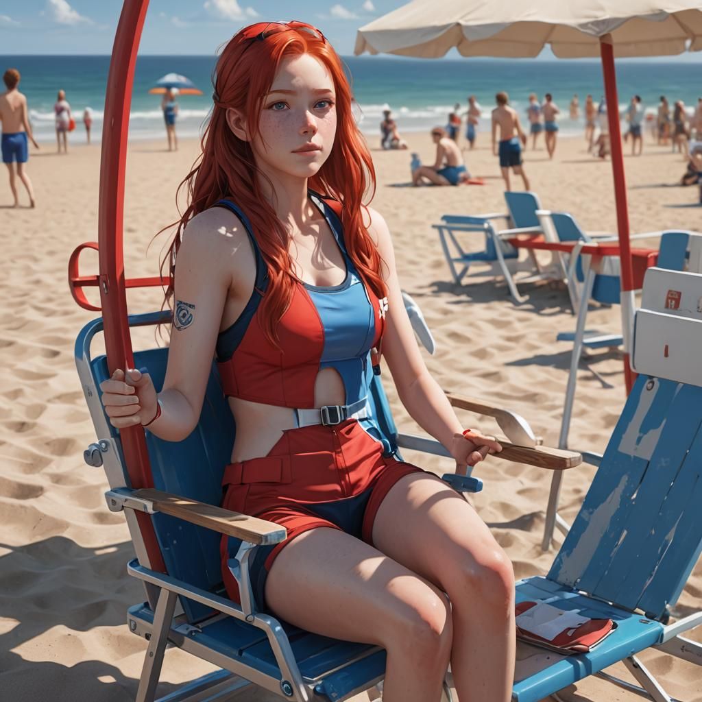 Anime Lifeguard at the Beach in 3D