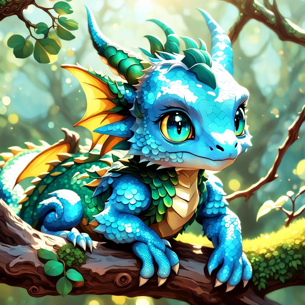 Adorable Anime Dragon on Branch in 3D