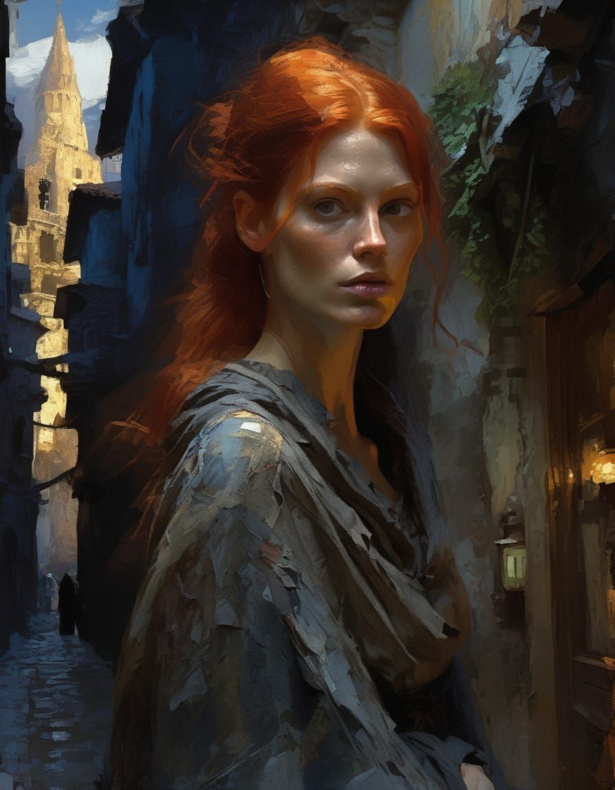 Redhead Woman in Monk Rags Hiding in Midnight Alley