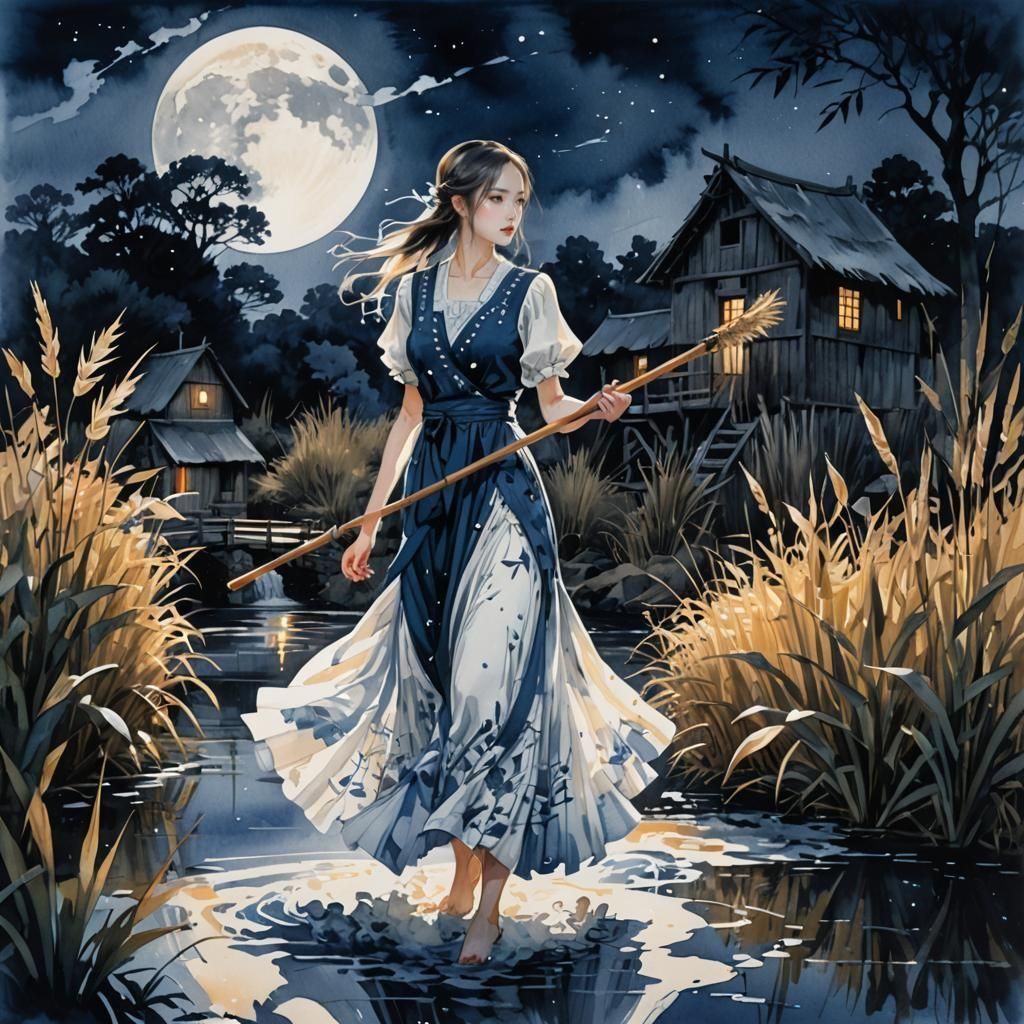 Monochrome Watercolor: Girl in Moonlight by Watermill