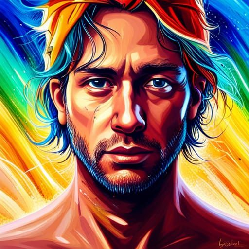 Golden Beach Man: Vibrant Splash Art Portrait