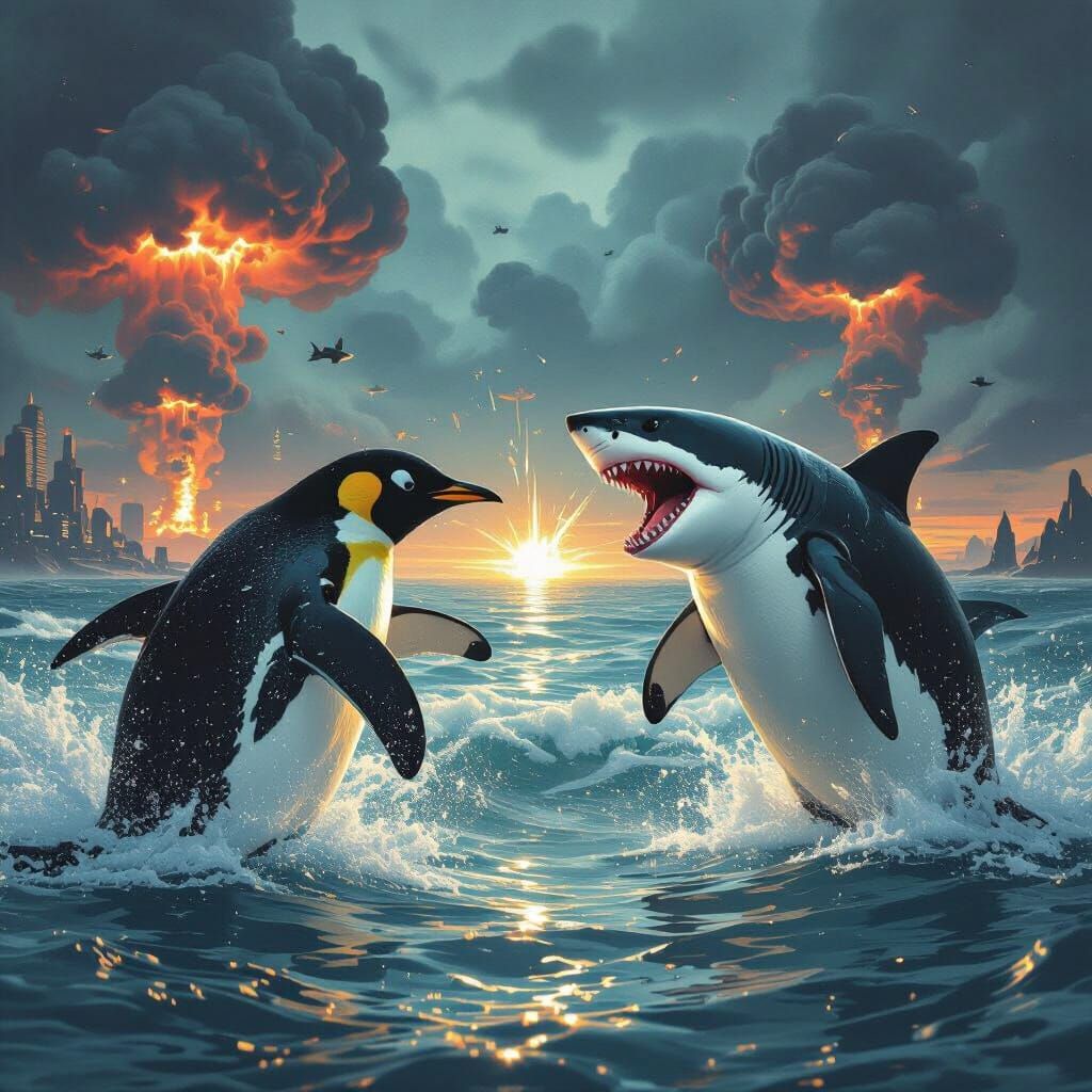 Penguins and Sharks Nuclear War in Dystopian Style