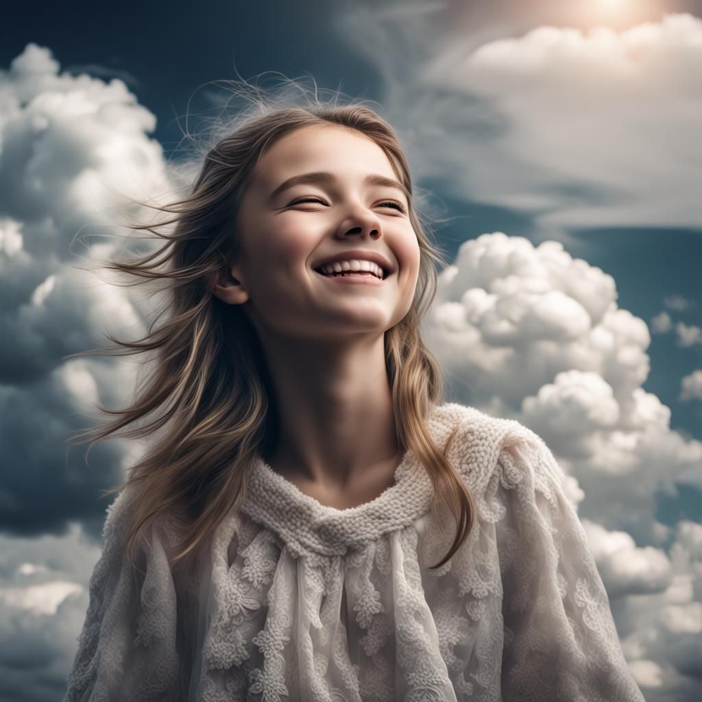 Girl on Cloud Smiling: Hyperrealistic 64 Megapixel Image