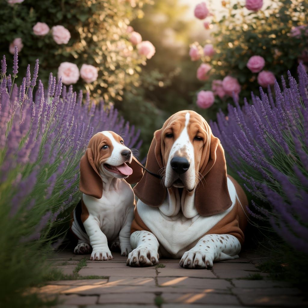 Joyful Puppy and Sleeping Hound in Golden Sunlight