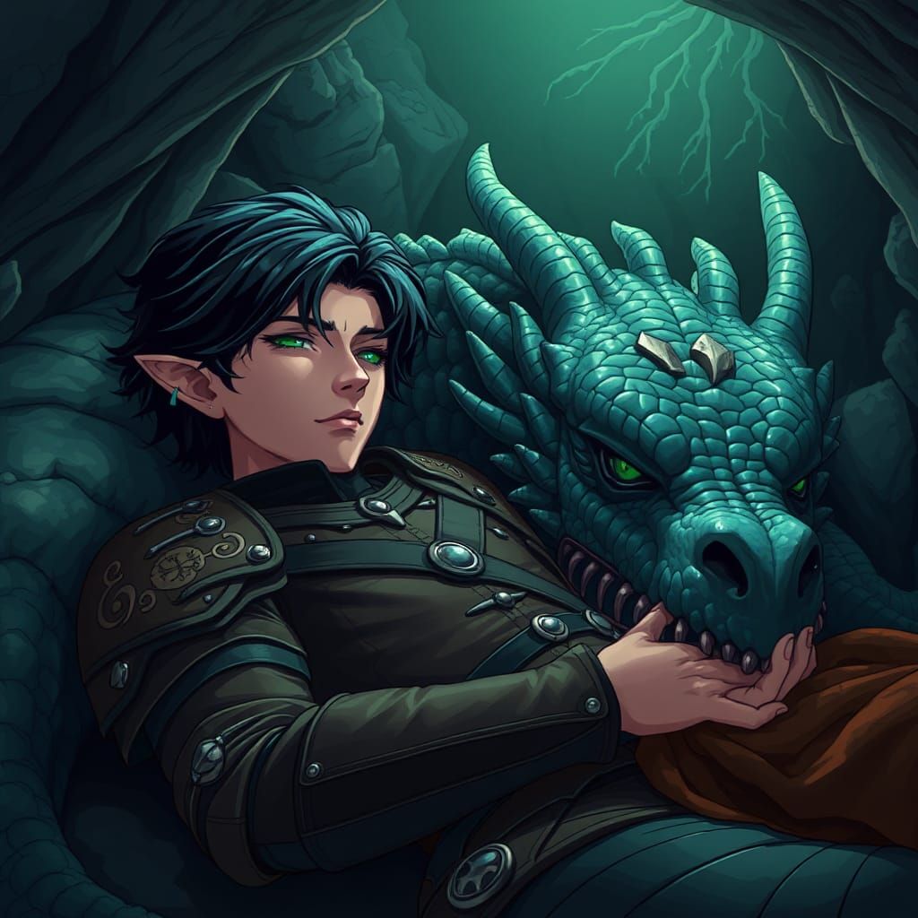 Elf and Dragon Companion in Manga Anime Style