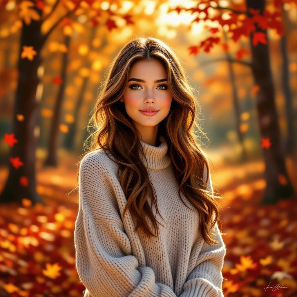 Beautiful Woman in Sun-Dappled Autumn Forest Oil Painting