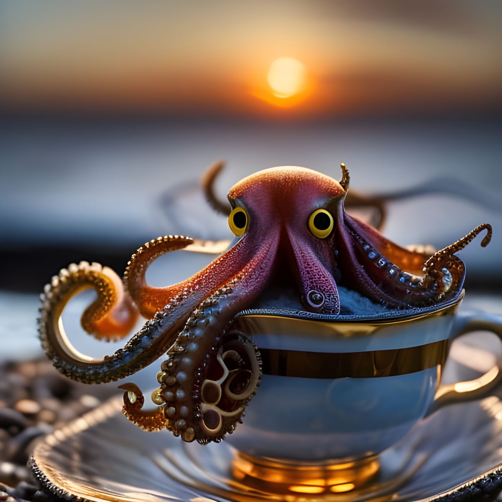Cute Small Octopus Ina tea cup on the beach