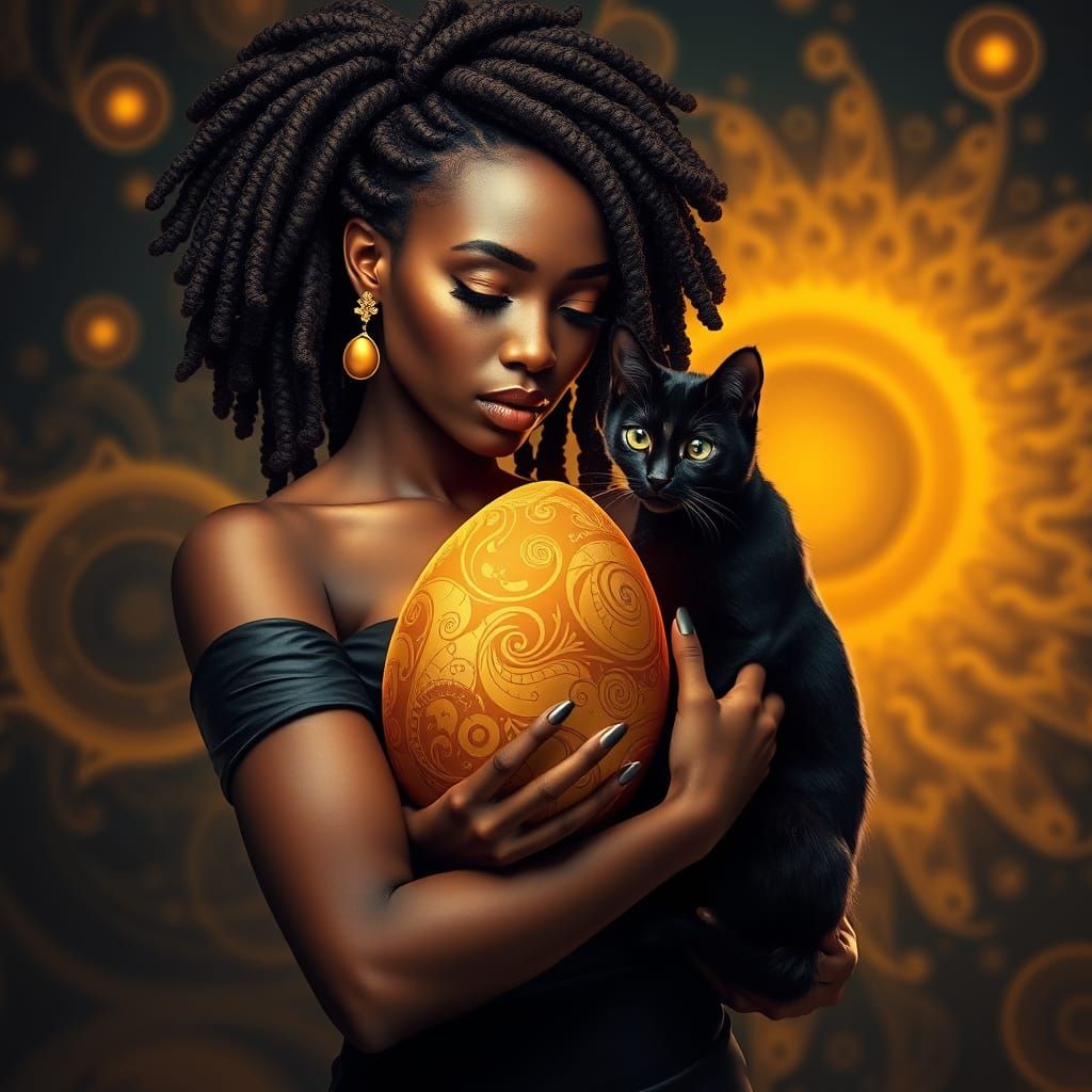 Mysterious Goddess Cradles Golden Egg with Majestic Black Ca...