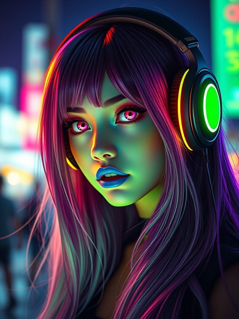 Luminous Manga Girl with Green Face Paint