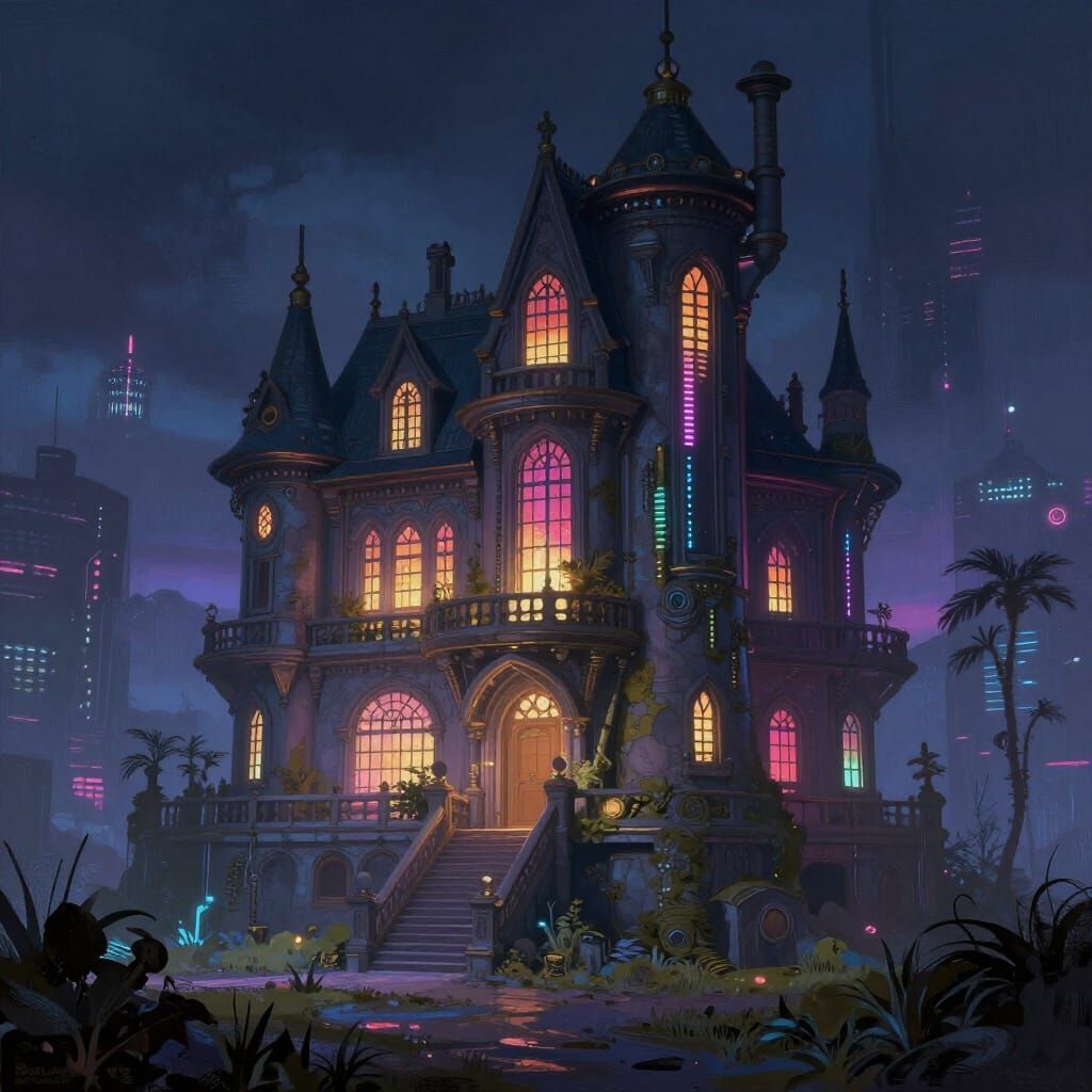 Steampunk Bioluminescent Mansion in Cyberpunk Neon Style