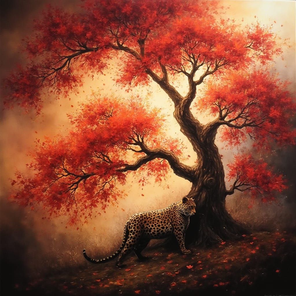 Majestic Leopard Amidst Vibrant Golden Mist