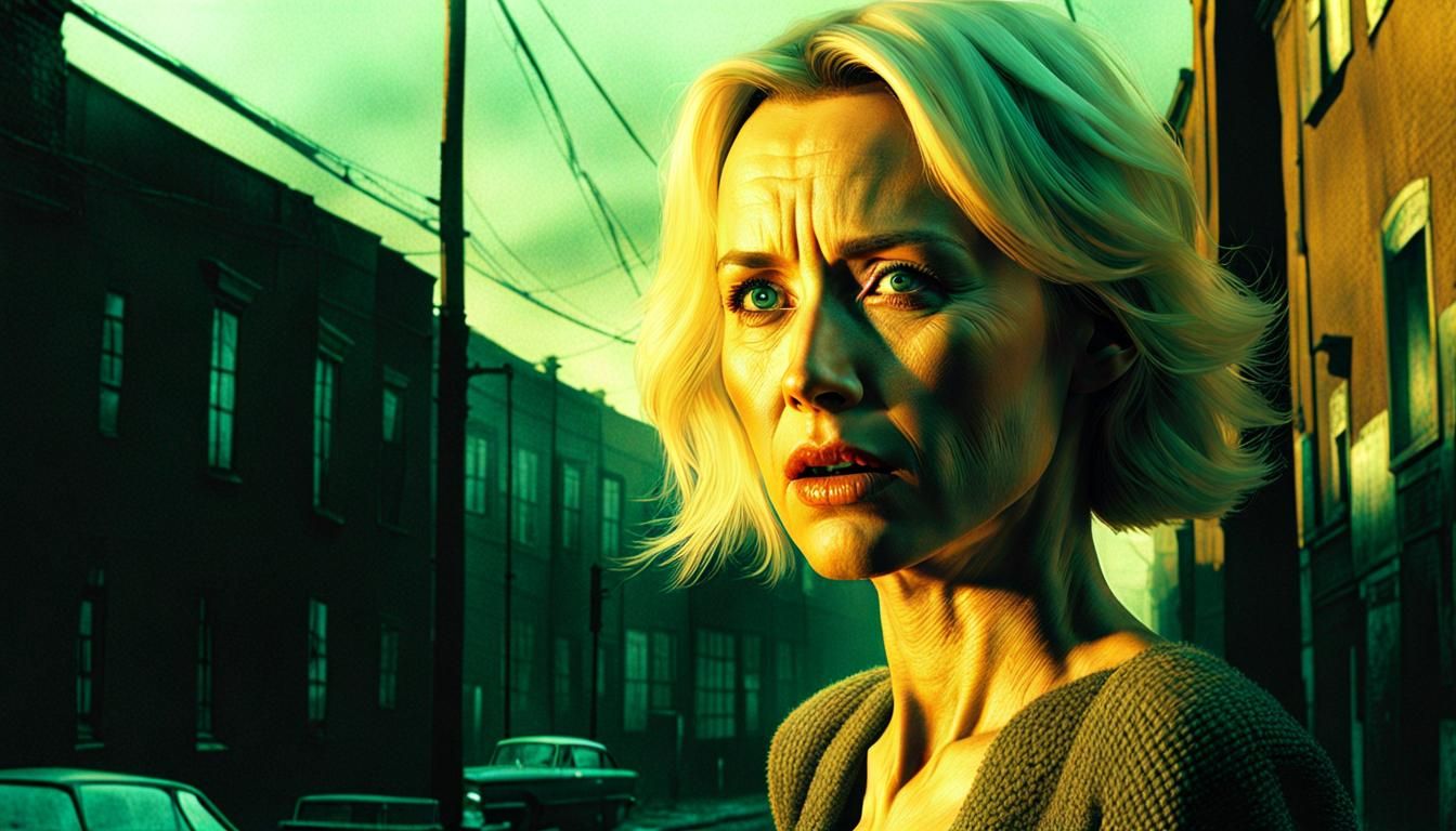 Naomi Watts in Dystopian Scene: Grotesque Hyperrealism