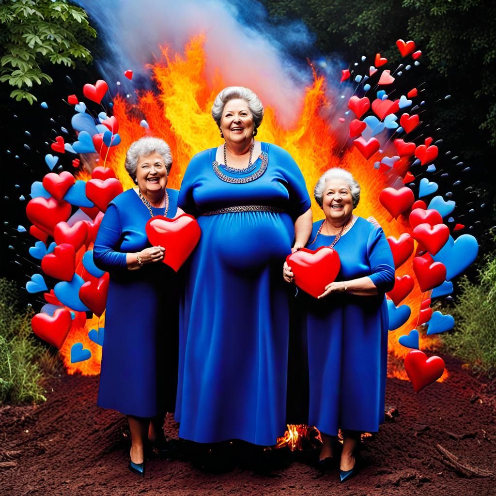 Chubby Women Throwing Hearts into Forest Fire, Chalk Art
