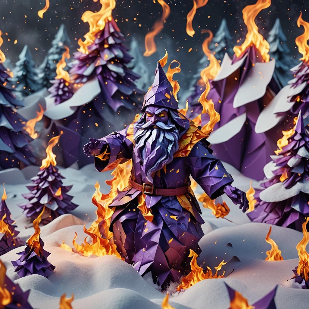 Burning Origami Santa in Dark Fantasy Art