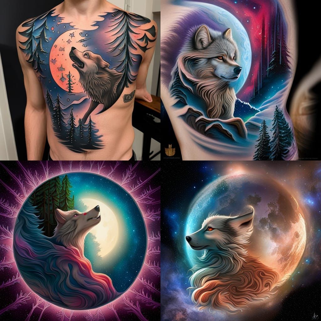 Wolf Howling at Cosmic Galaxy Tattoo Design