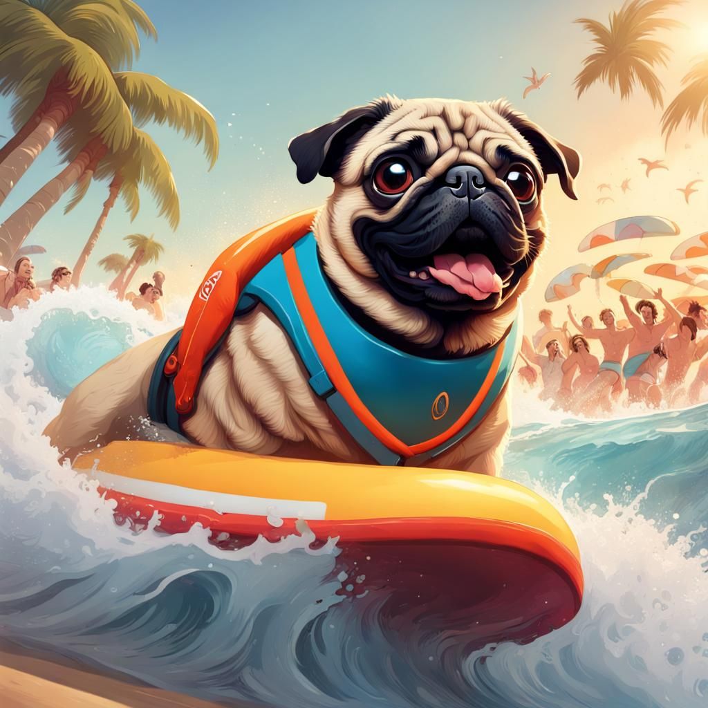 Pug Surfing a Wave: Hyperdetailed Digital Art