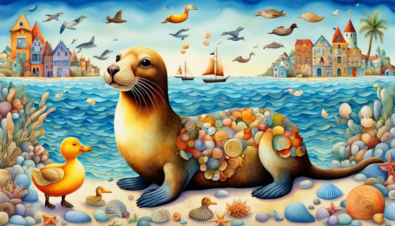 Happy Sea Lion Beach Holiday: Watercolor Art