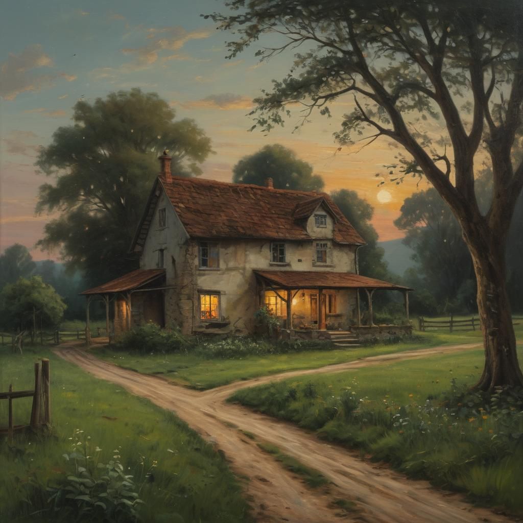 Farmhouse at Evening: Rustic Oil Painting