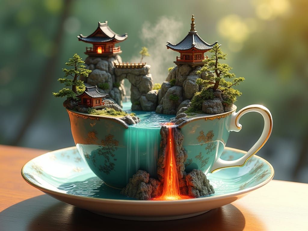 Intricately Designed Porcelain Teacup with Miniature Fantasy...