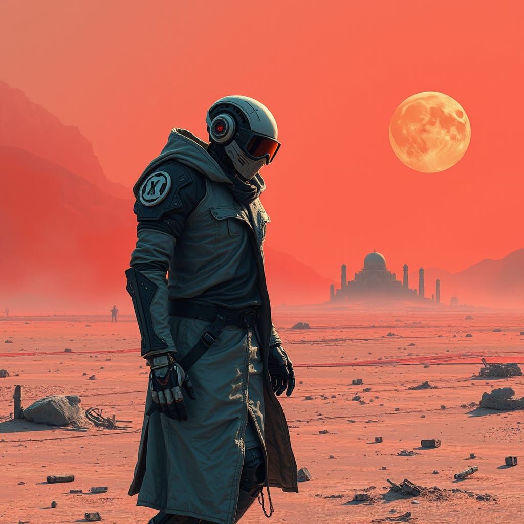 Cyberpunk Robot Wandering a Desert Wasteland