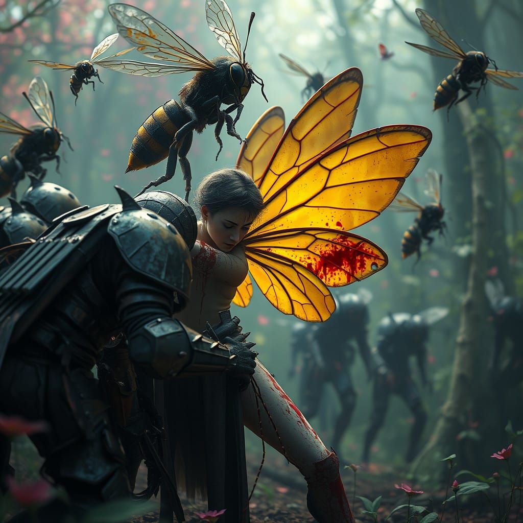 Fantastical Warriors in Dark Armor Surround a Wounded Fairy
