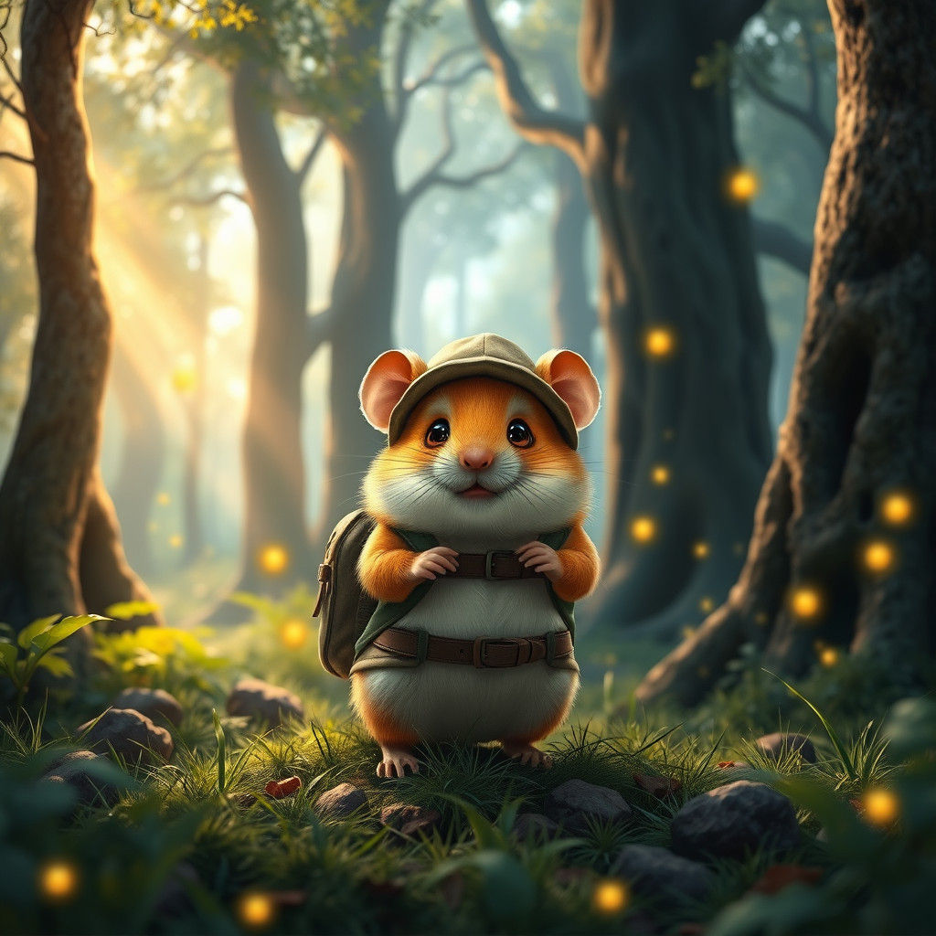 Hamster Explorer in Enchanted Forest, Fantasy Concept Art