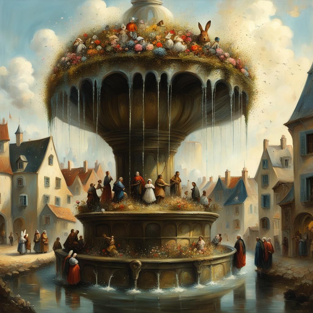 Detailed Oil Painting of Water Fountain Village