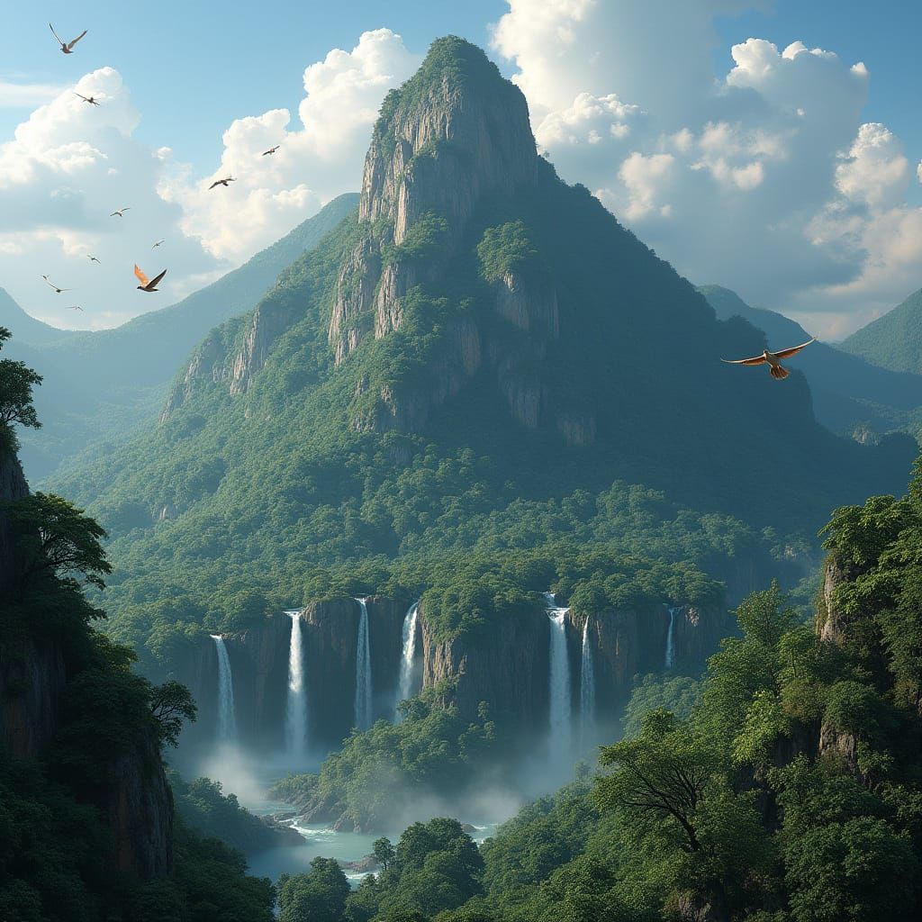 Hyperrealistic Mountain Rainforest with Waterfalls and Birds