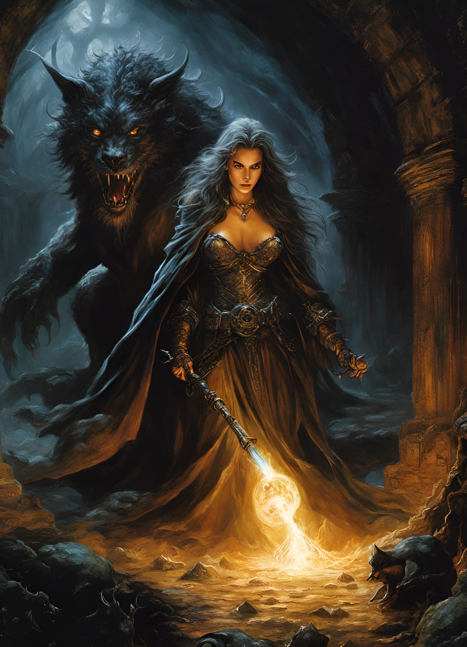 Wizard Crawls Through Sinister Dungeon: Dark Fantasy Art