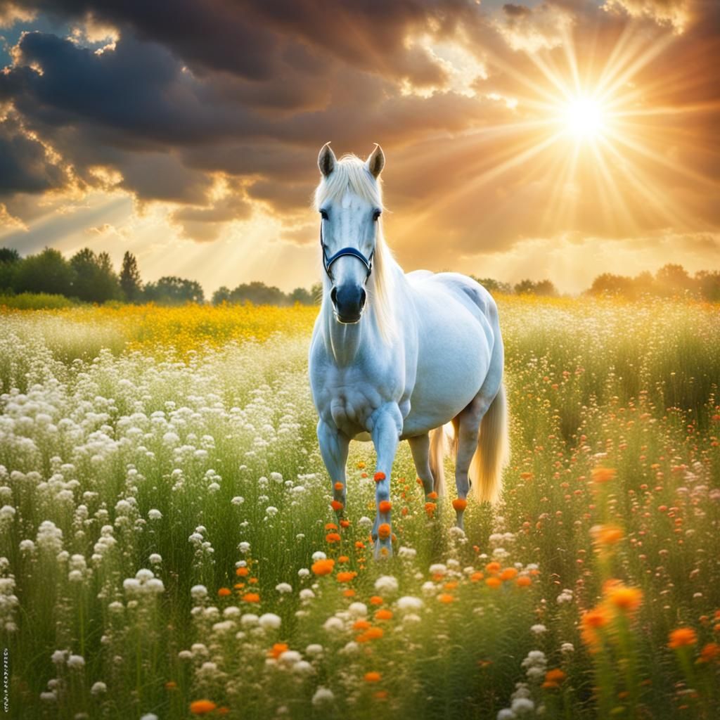 Horse in Flower Field with Divine Light