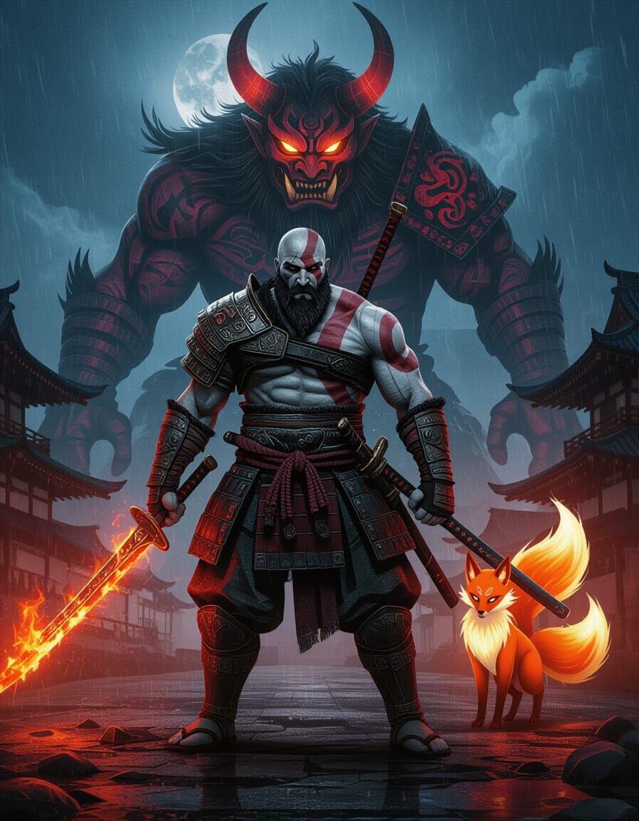 Kratos in Feudal Japan Dark Fantasy Art